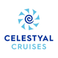 Logo van Celestyal Cruises met een gestileerde turquoise en blauwe windroos naast de merknaam in moderne letters op een witte achtergrond.