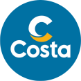 Het logo van Costa Cruises is een strak, rechtopstaande C in blauw of wit, modern en herkenbaar op hun schepen, site en marketing.