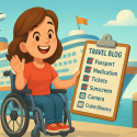 Cartoon van een glimlachende vrouw in een rolstoel die zwaait op een kade, met op de achtergrond een cruiseschip en een vliegtuig, terwijl ze een klembord vasthoudt met de titel 