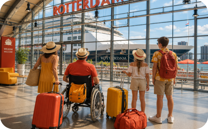 Toegankelijk reizen vanaf de Cruise Terminal Rotterdam: een groep reizigers inclusief rolstoelgebruiker kijkt uit op een cruiseschip.