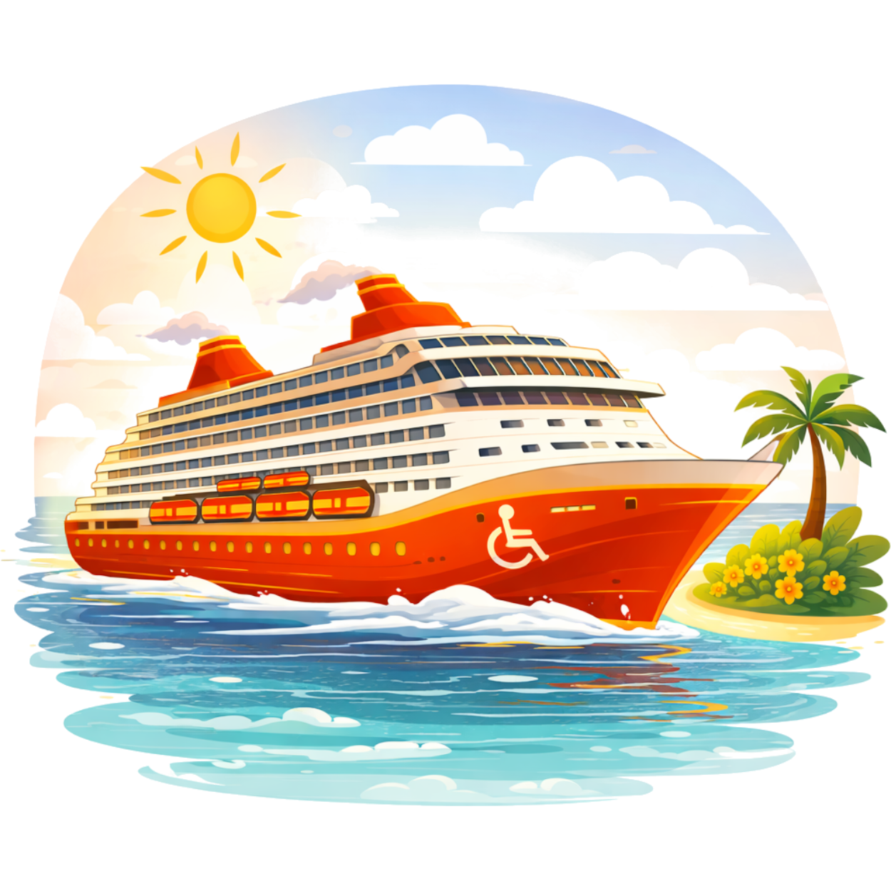 Kleurrijke cruiseschip dat langs een tropisch eiland vaart.