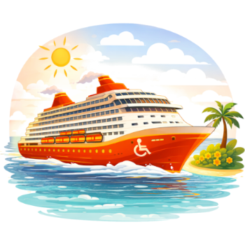Kleurrijke cruiseschip dat langs een tropisch eiland vaart.