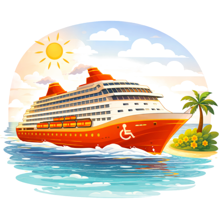 Kleurrijke cruiseschip dat langs een tropisch eiland vaart.