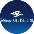 Logo van Disney Cruise Line met een witte Mickey hoofd in golvende lijnen naast sierlijke tekst op een donkerblauw verloop
