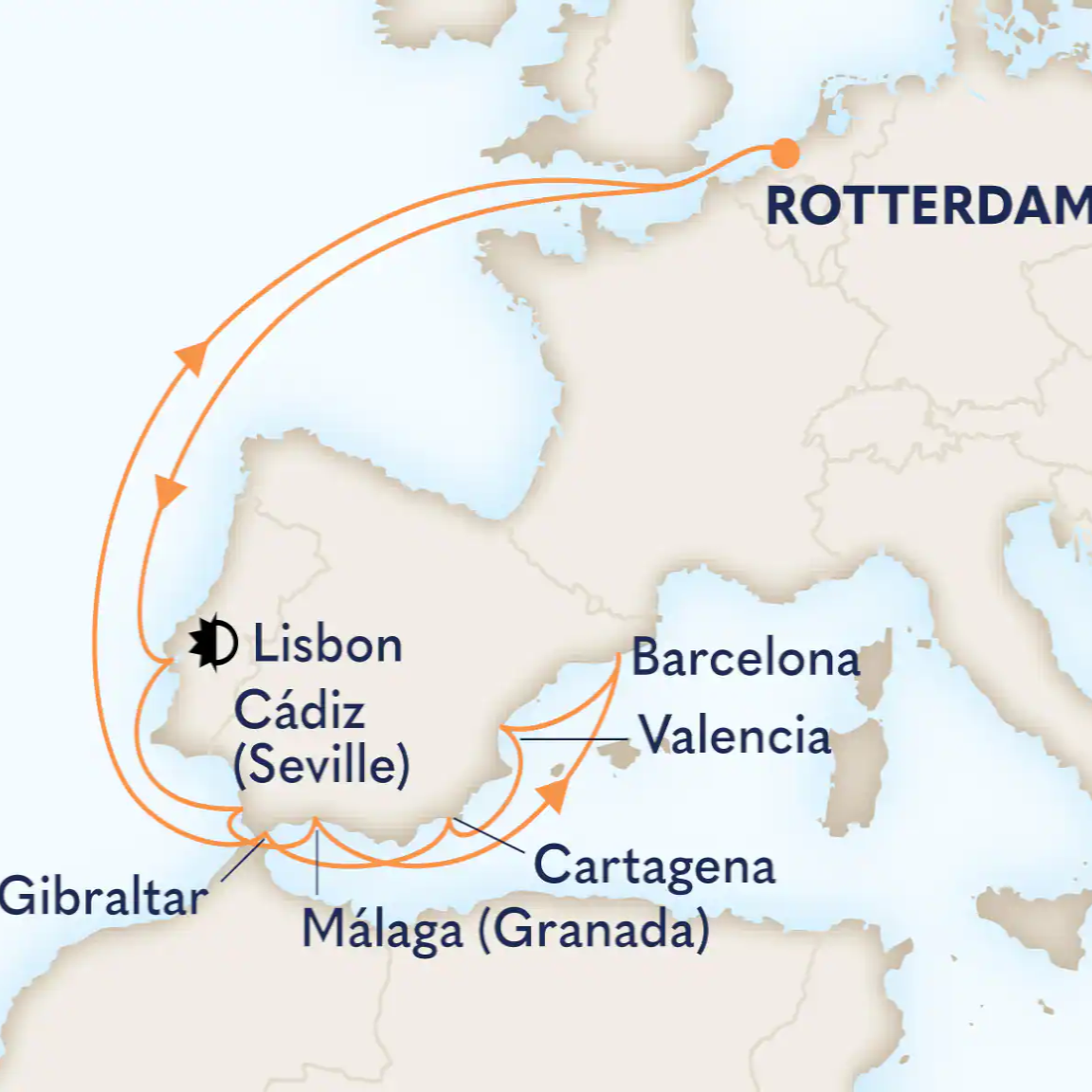 Route map 15-Day Western Mediterranean: Lisbon Overnight