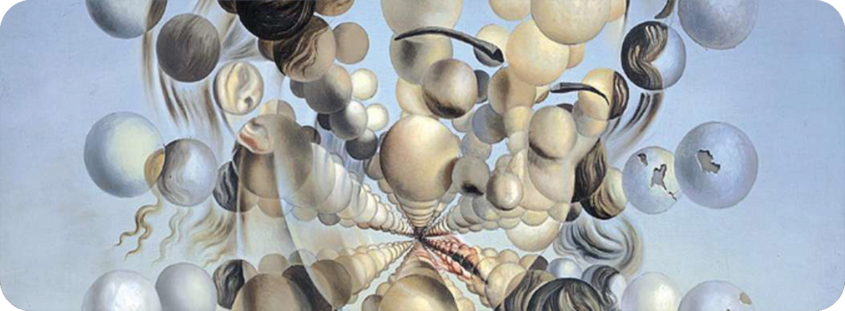 Surrealistisch schilderij van Salvador Dalí waarin het gezicht van een vrouw is opgebouwd uit talloze zwevende, driedimensionale bollen.