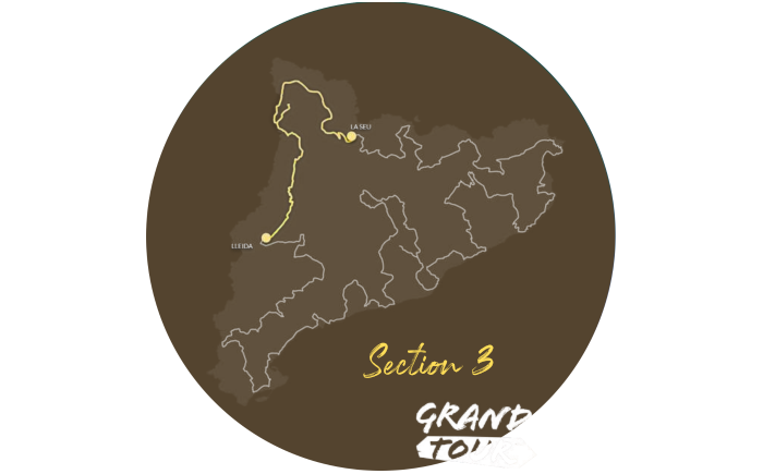 Een kaart van de Grand Tour van Catalonië die Sectie 3 markeert, de route van Lleida naar La Seu d'Urgell door de Pyreneeën.