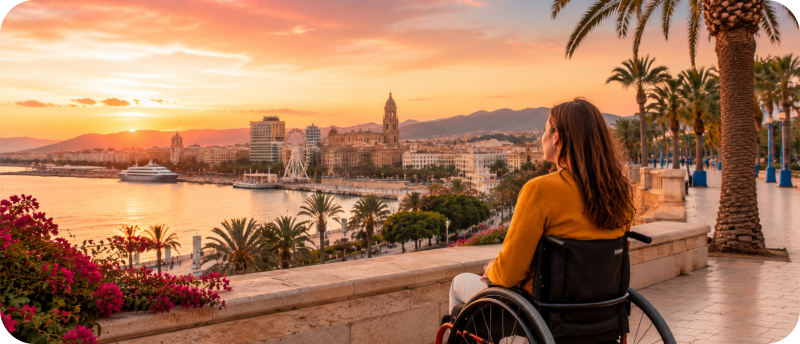 Een vrouw in een rolstoel kijkt vanaf een hoog punt uit over de skyline en haven van Málaga tijdens een kleurrijke zonsondergang