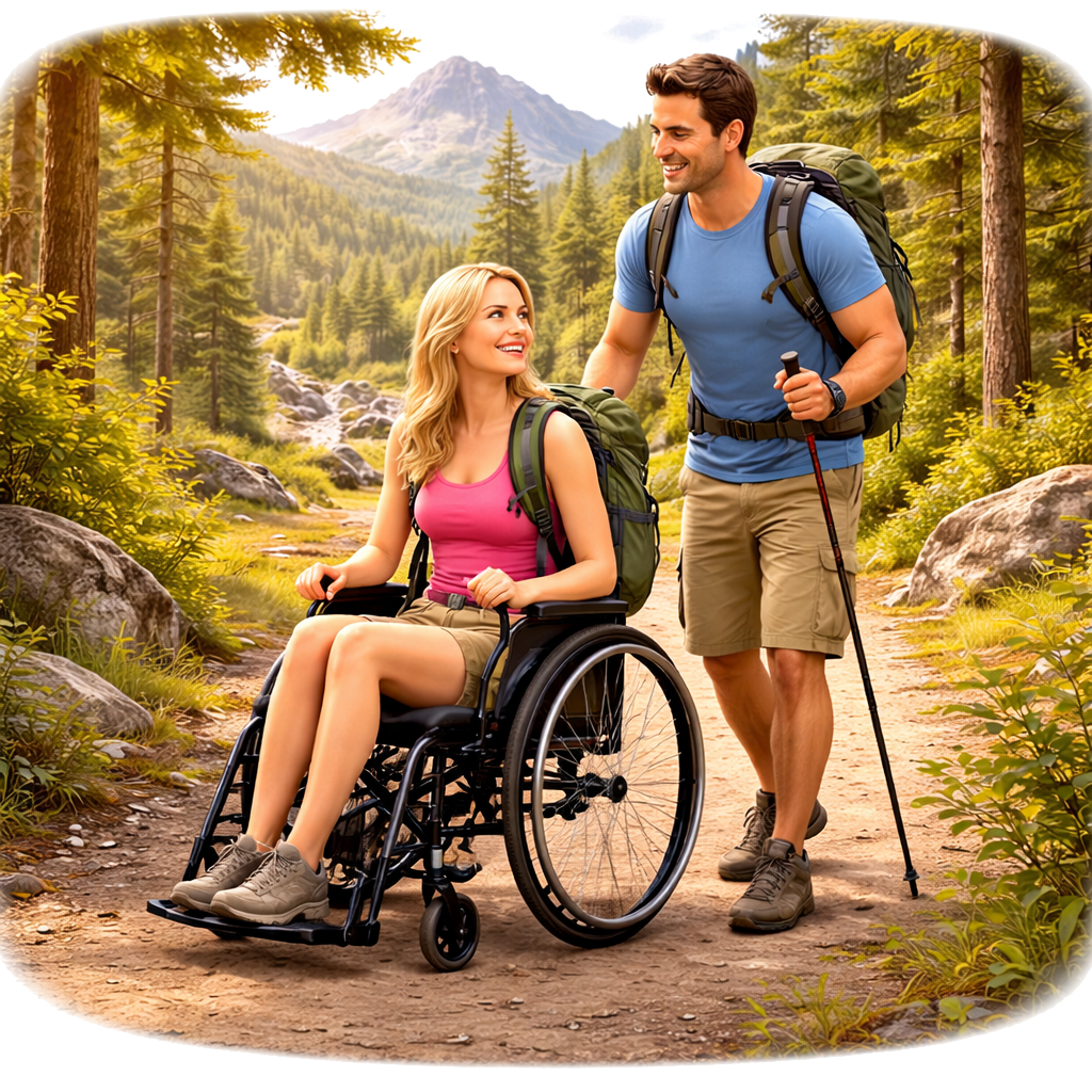 Deze afbeelding toont een koppel dat geniet van een wandeling in de natuur, waarbij de persoon in de rolstoel actieve mobiliteitsondersteuning lijkt te gebruiken om door het terrein te navigeren.