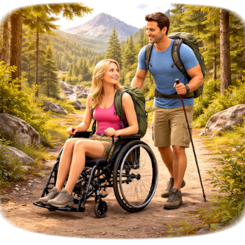 Deze afbeelding toont een koppel dat geniet van een wandeling in de natuur, waarbij de persoon in de rolstoel actieve mobiliteitsondersteuning lijkt te gebruiken om door het terrein te navigeren.