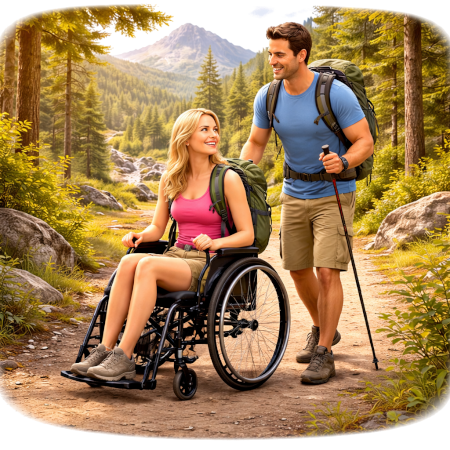 Deze afbeelding toont een koppel dat geniet van een wandeling in de natuur, waarbij de persoon in de rolstoel actieve mobiliteitsondersteuning lijkt te gebruiken om door het terrein te navigeren.