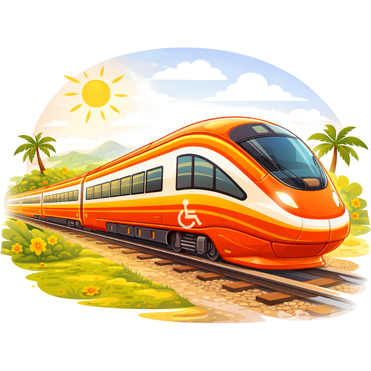 De afbeelding toont een illustratie van een moderne hogesnelheidstrein, die lijkt op de Vande Bharat Express in India.