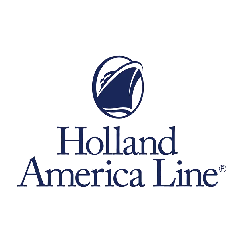 Logo van Holland America Line in donkerblauw, met het ronde HAL-embleem boven de tekst “Holland America Line”.