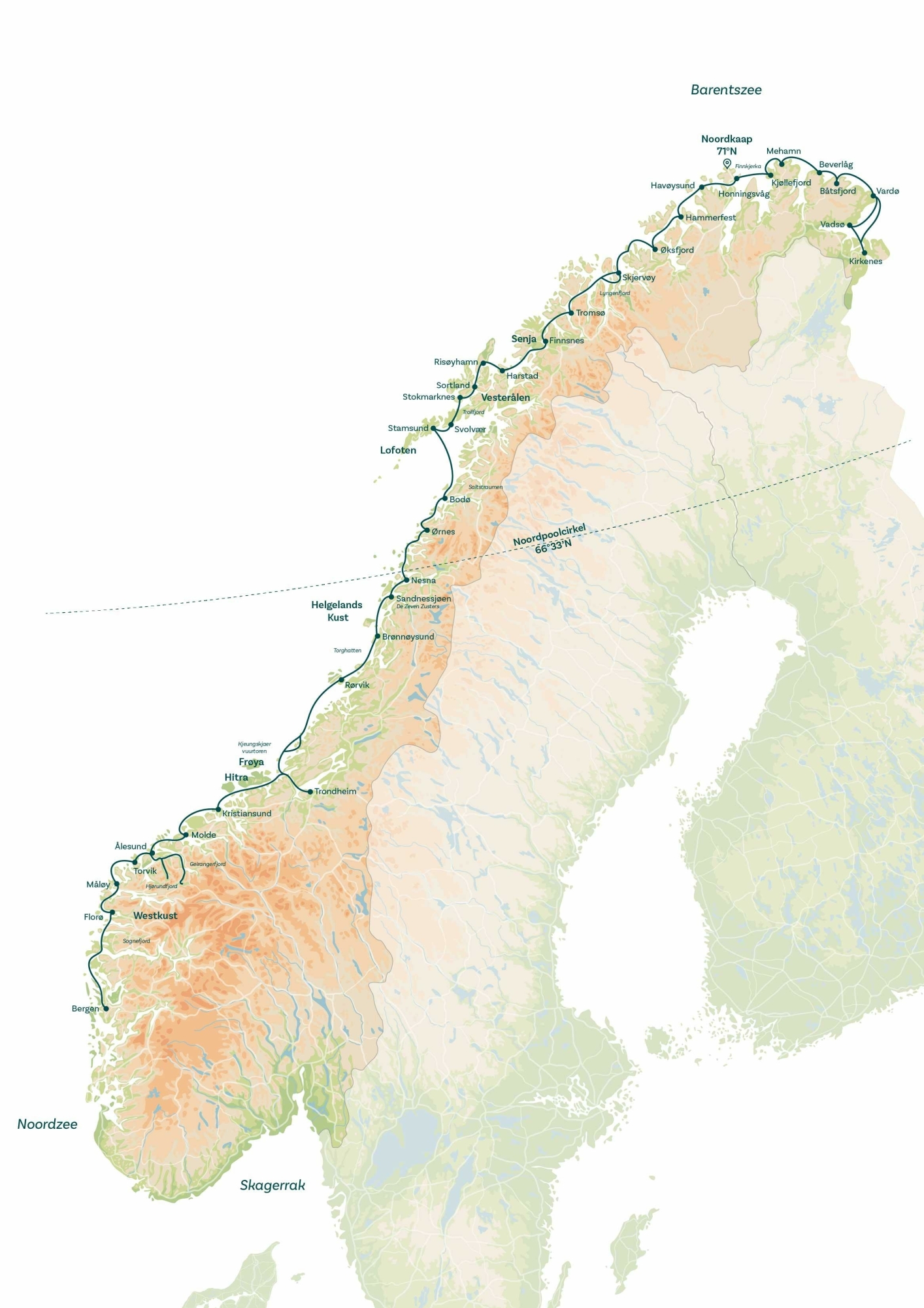 Kaart van de volledige Noorse kustroute van Bergen tot Kirkenes, met aangegeven plaatsen zoals de Lofoten, Vesterålen, Tromsø, de Noordkaap en diverse fjorden en eilanden langs de route.