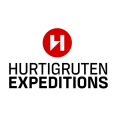 Logo van HX Hurtigruten Expeditions met rode cirkel en witte “H”, naast de letters “HX” en merknaam in modern zwart lettertype op witte achtergrond.