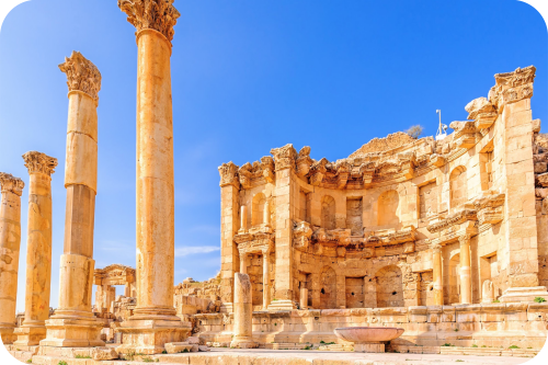 Afbeelding toot de opgravingen van de Romeinse stad Gerasa in Jerash, Jordanië