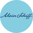 Logo van Mein Schiff met lichtblauwe handgeschreven letters op een donkere achtergrond