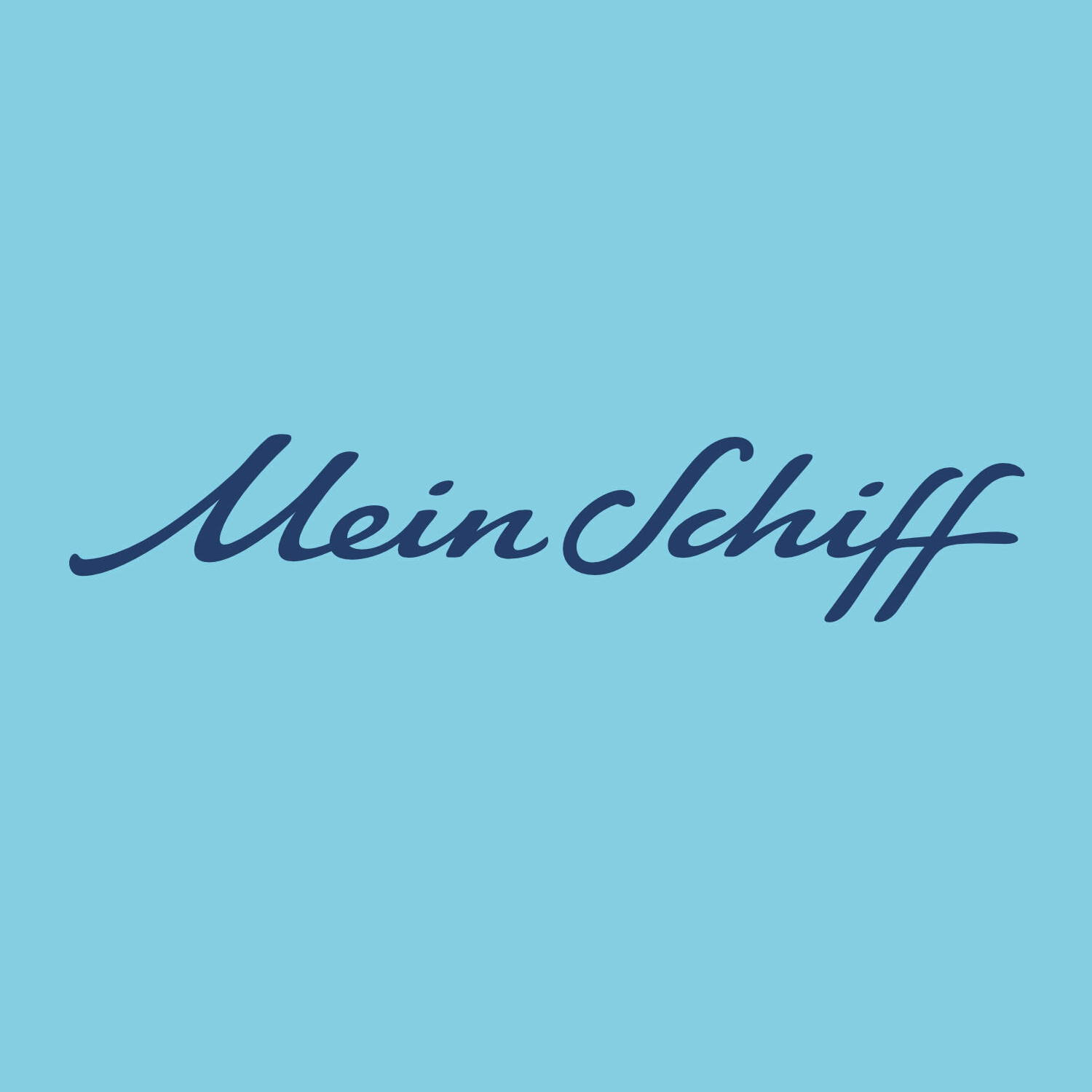 Logo van Mein Schiff met lichtblauwe handgeschreven letters op een donkere achtergrond