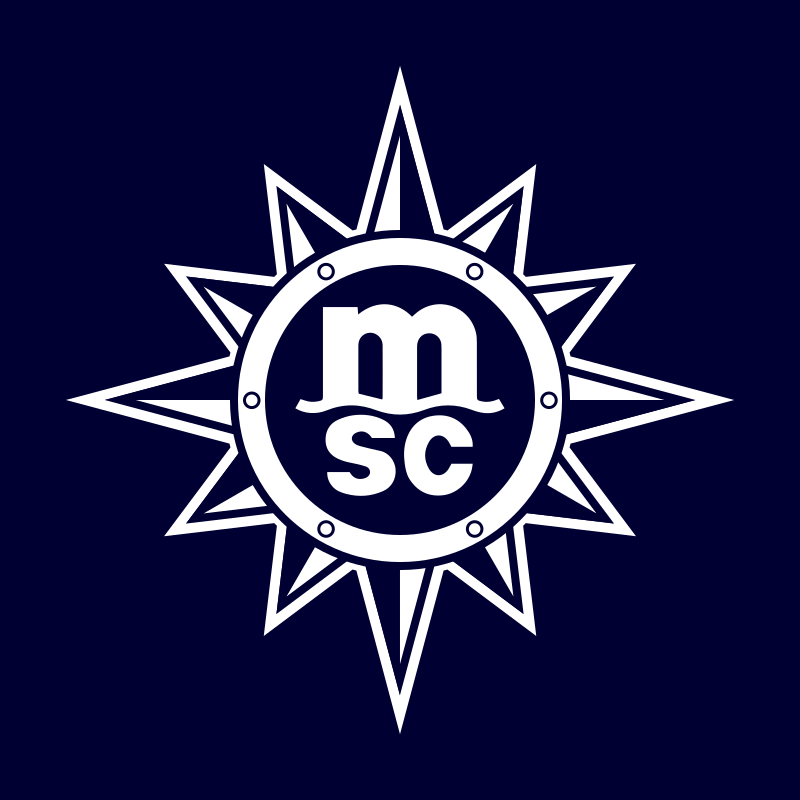 MSC Cruises-logo met een wit kompasvormig embleem en de letters “MSC” in wit, op een donkerblauwe achtergrond.