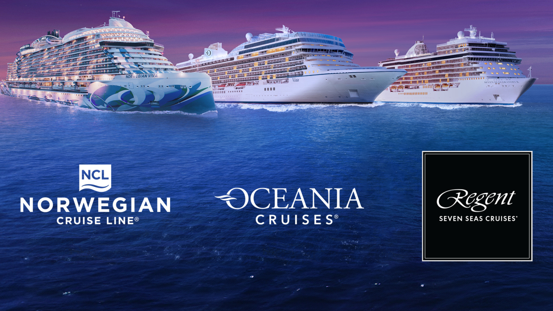 Alt tekst (140 tekens): Drie cruiseschepen van Norwegian Cruise Line, Oceania Cruises en Regent Seven Seas varen samen onder een sterrenhemel op open zee.