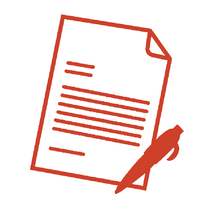 oranje-rood pictogram van een offerte formulier  met een pen, uitgevoerd in een effen rode kleur