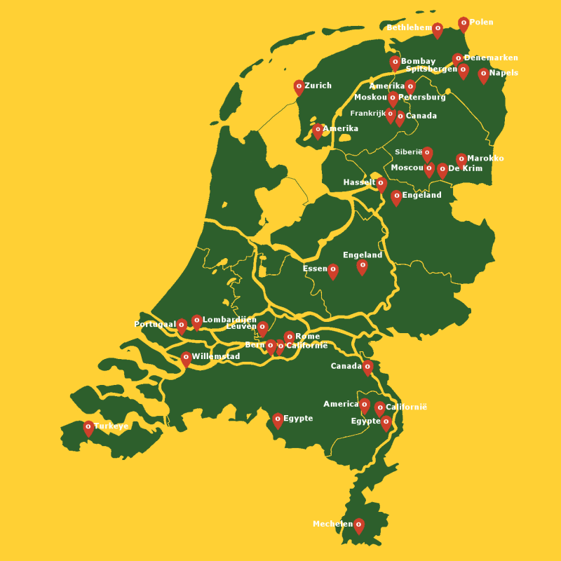 Deze kaart toont een verzameling van Nederlandse plaatsen, buurtschappen en gehuchten met een buitenlandse naam, vaak aangeduid als een 'wereldreis door eigen land
