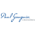 Logo van Paul Gauguin Cruises met elegante, cursieve blauwe letters op een witte achtergrond, soms vergezeld van een golvend lijnmotief.