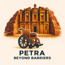 Illustratie van Petra met een rolstoel op de voorgrond en de tekst “Petra Beyond Barriers”.