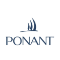 Logo van Ponant Cruises met een gestileerd wit zeilschip boven de merknaam in elegante hoofdletters op een donkerblauwe of witte achtergrond.