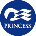 Logo van Princess Cruises met een gestileerd blauw silhouet van een vrouwenhoofd en golven, vergezeld van de naam in elegante hoofdletters.