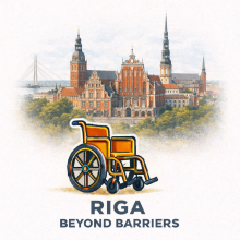 Illustratie van een rolstoel voor de skyline van Riga met bekende gebouwen en de tekst “Riga Beyond Barriers”, symbool voor rolstoelvriendelijk reizen en toegankelijkheid.