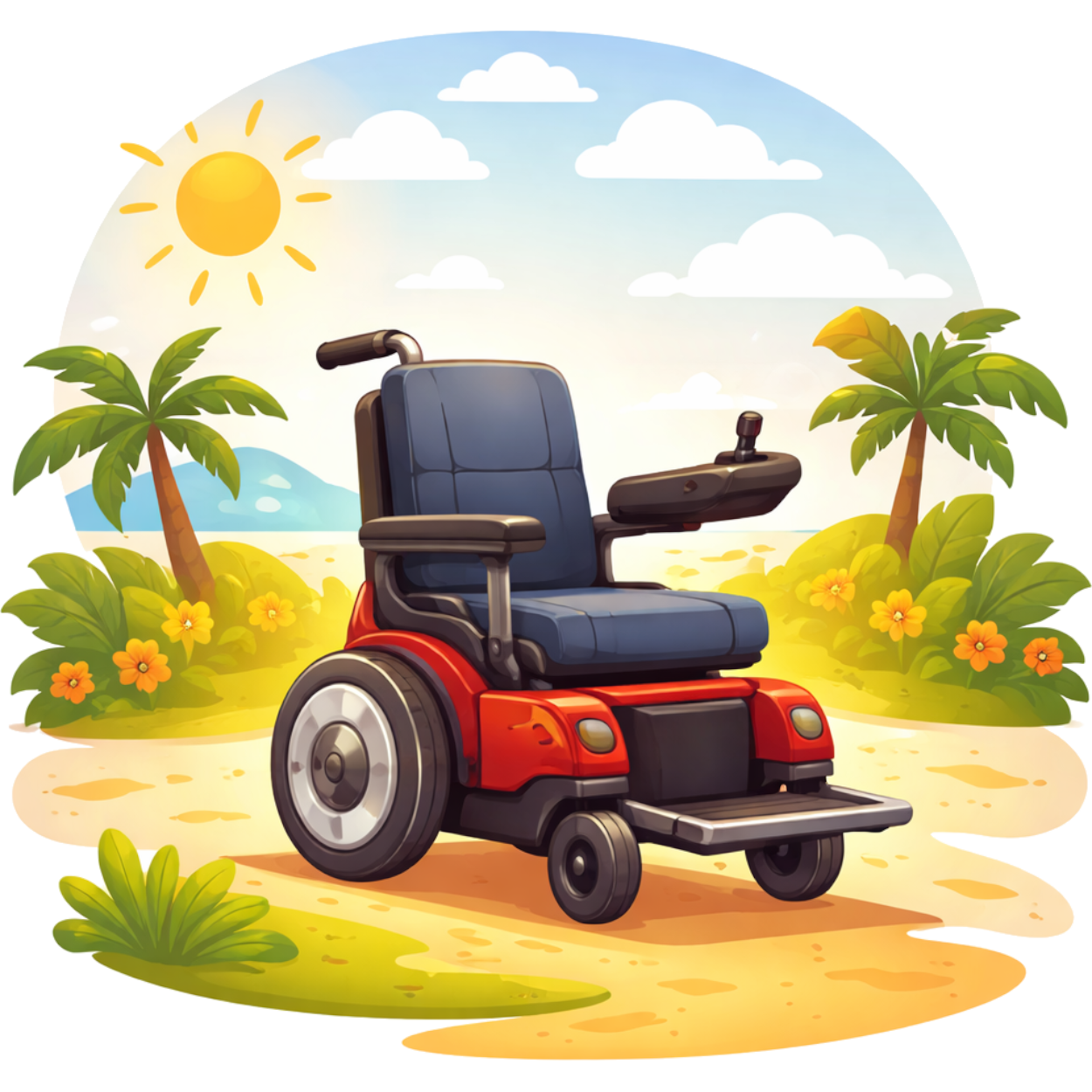 Een kleurrijke illustratie van een moderne, rode elektrische rolstoel die op een zonnig zandstrand staat, omringd door palmbomen en bloemen onder een blauwe lucht met een stralende zon.