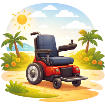 Een kleurrijke illustratie van een moderne, rode elektrische rolstoel die op een zonnig zandstrand staat, omringd door palmbomen en bloemen onder een blauwe lucht met een stralende zon.