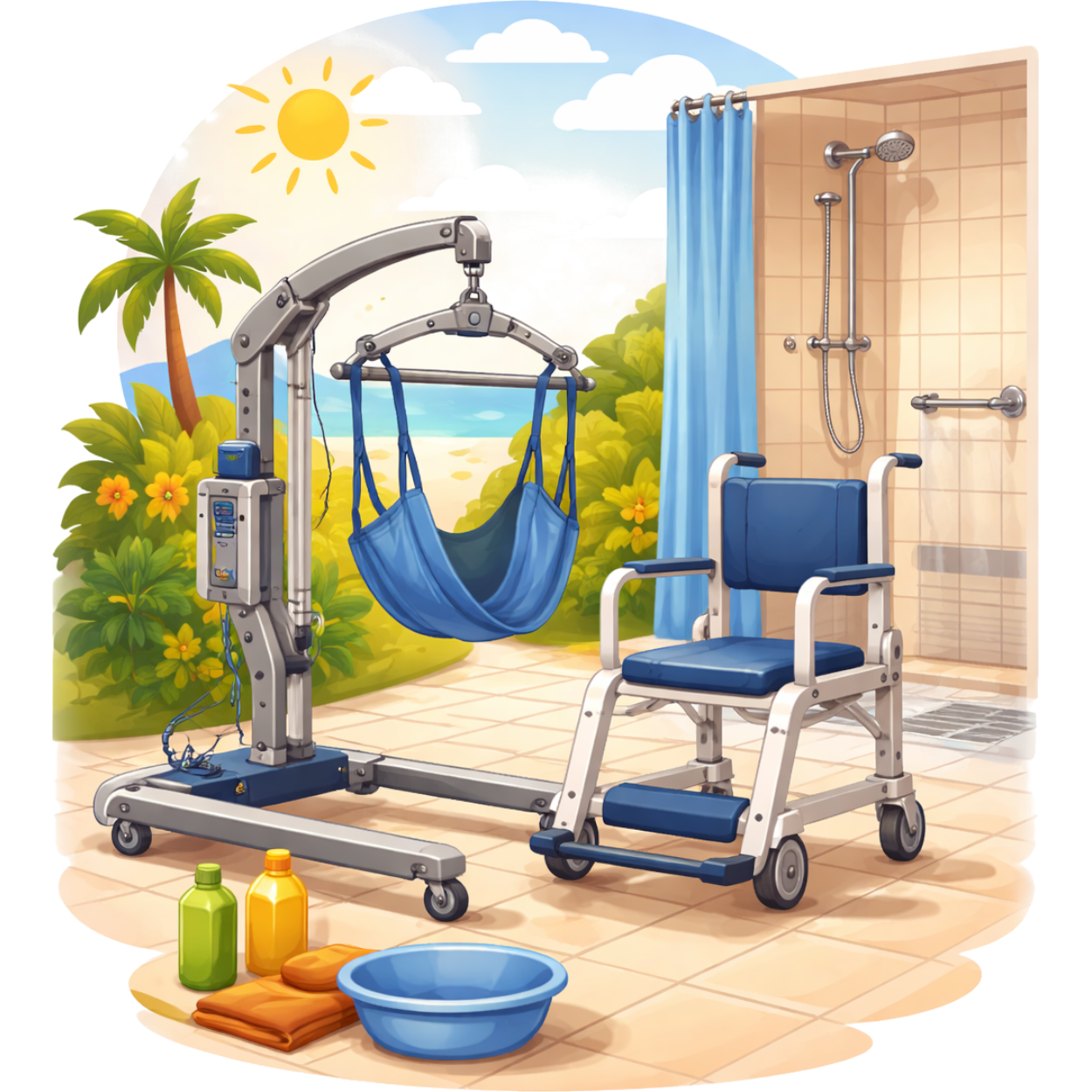 Illustratie van hulpmiddelen voor persoonlijke verzorging, een zilveren patiëntenlift, een blauwe tilband en een witte douche-toiletstoel. Op de voorgrond staan een waskom en verzorgingsproducten voor een zonnig raam.