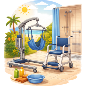 Illustratie van hulpmiddelen voor persoonlijke verzorging, een zilveren patiëntenlift, een blauwe tilband en een witte douche-toiletstoel. Op de voorgrond staan een waskom en verzorgingsproducten voor een zonnig raam.