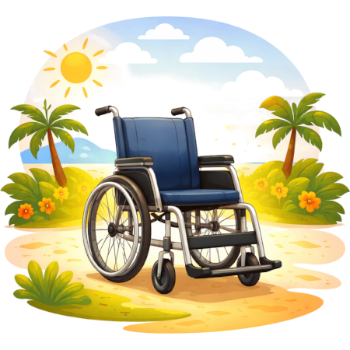 Een kleurrijke illustratie van een blauwe rolstoel die centraal op een zonnig strand staat. Op de achtergrond zijn palmbomen, tropische bloemen, een helderblauwe zee en een stralende zon in een lichtblauwe lucht te zien