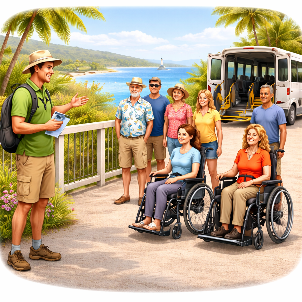 Een diverse groep toeristen, waaronder twee vrouwen in een rolstoel, die door een gids worden verwelkomd bij een zonnige kustbestemming met een toegankelijke touringcar op de achtergrond
