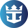 Logo van Royal Caribbean Cruises met een blauw kroonsymbool in een schild boven de merknaam in hoofdletters op een witte of lichtblauwe achtergrond.