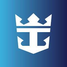 Royal Caribbean-logo in wit, met een gestileerde kroon en scheepsvorm, op een blauw kleurverloop.