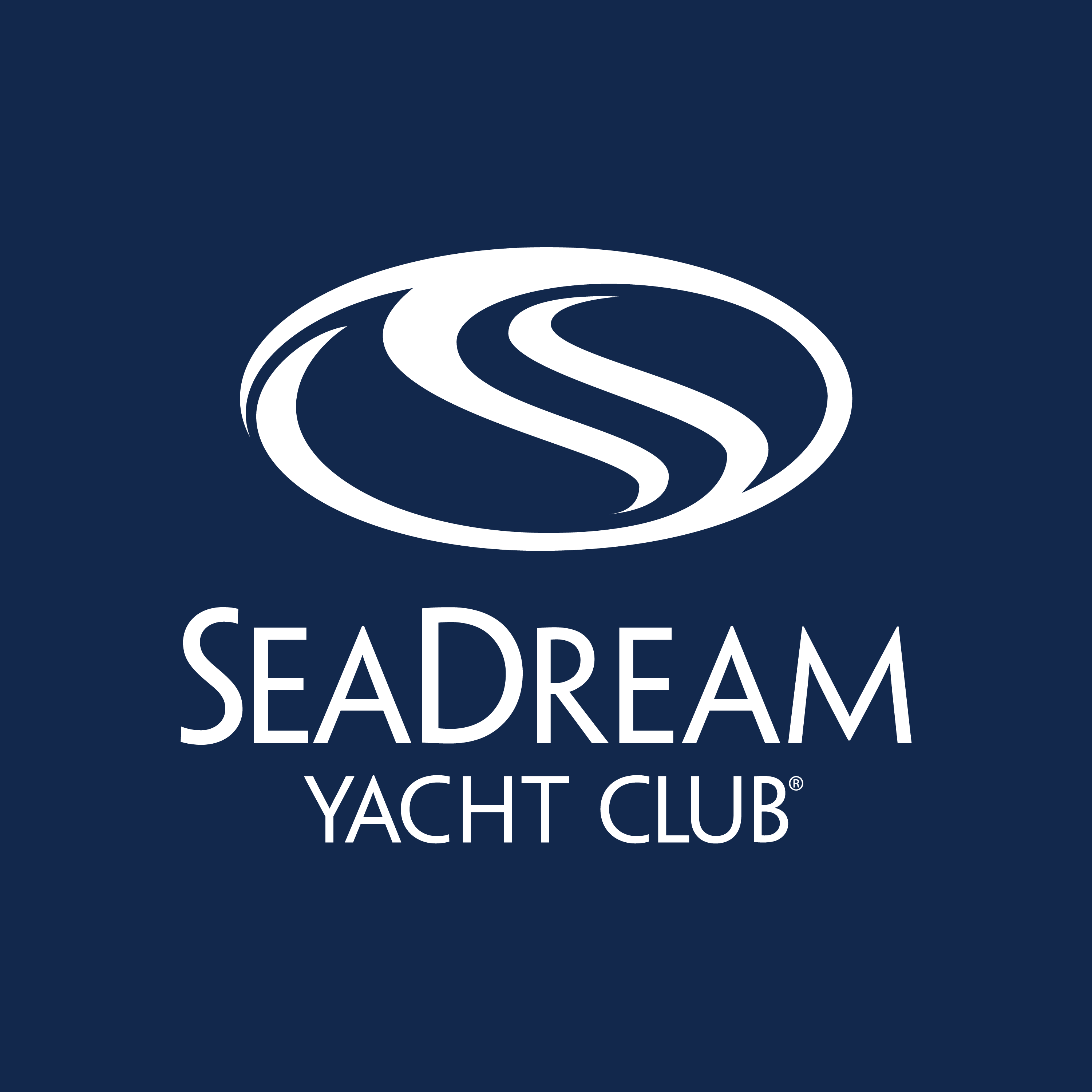 Logo van SeaDream Yacht Club met een gestileerde SD monogram in blauw boven de merknaam in elegante hoofdletters op een witte achtergrond.