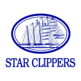 Logo van Star Clipper Cruises met een gestileerd zeilschip in blauw boven de merknaam in klassieke hoofdletters op een witte achtergrond.