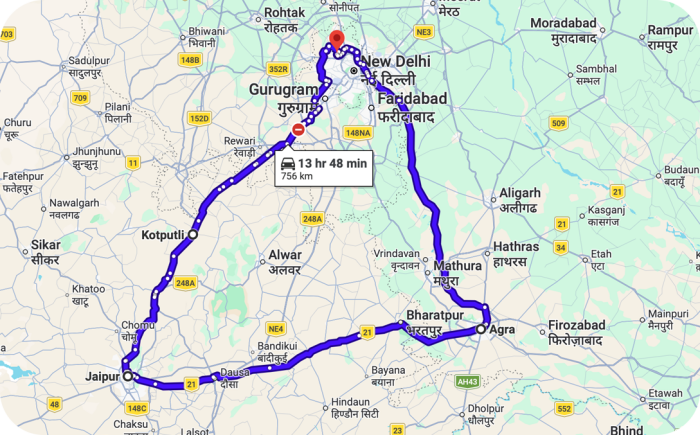 Deze afbeelding toont een route in India, specifiek de populaire 