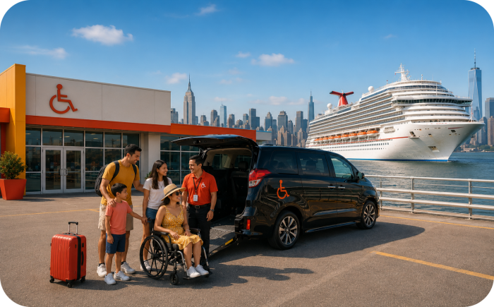 Een gezin bij een rolstoeltoegankelijk voertuig in de haven van New York, met een cruiseschip en de skyline op de achtergrond.