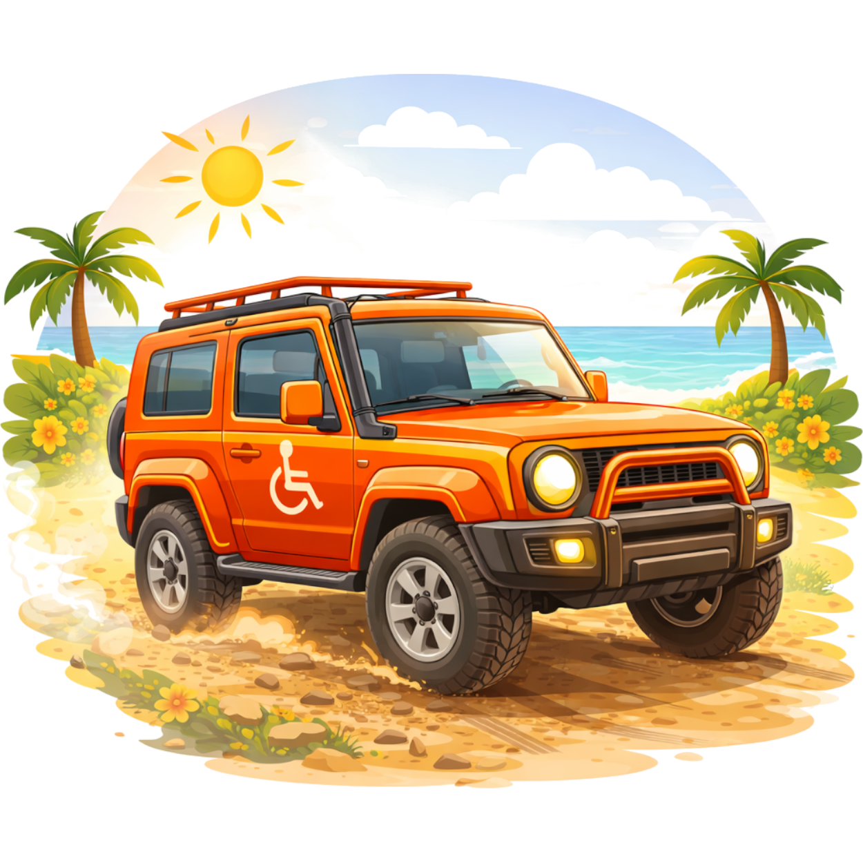 Deze afbeelding toont een illustratie van een oranje Suzuki Jimny, een compacte 4x4 terreinwagen.