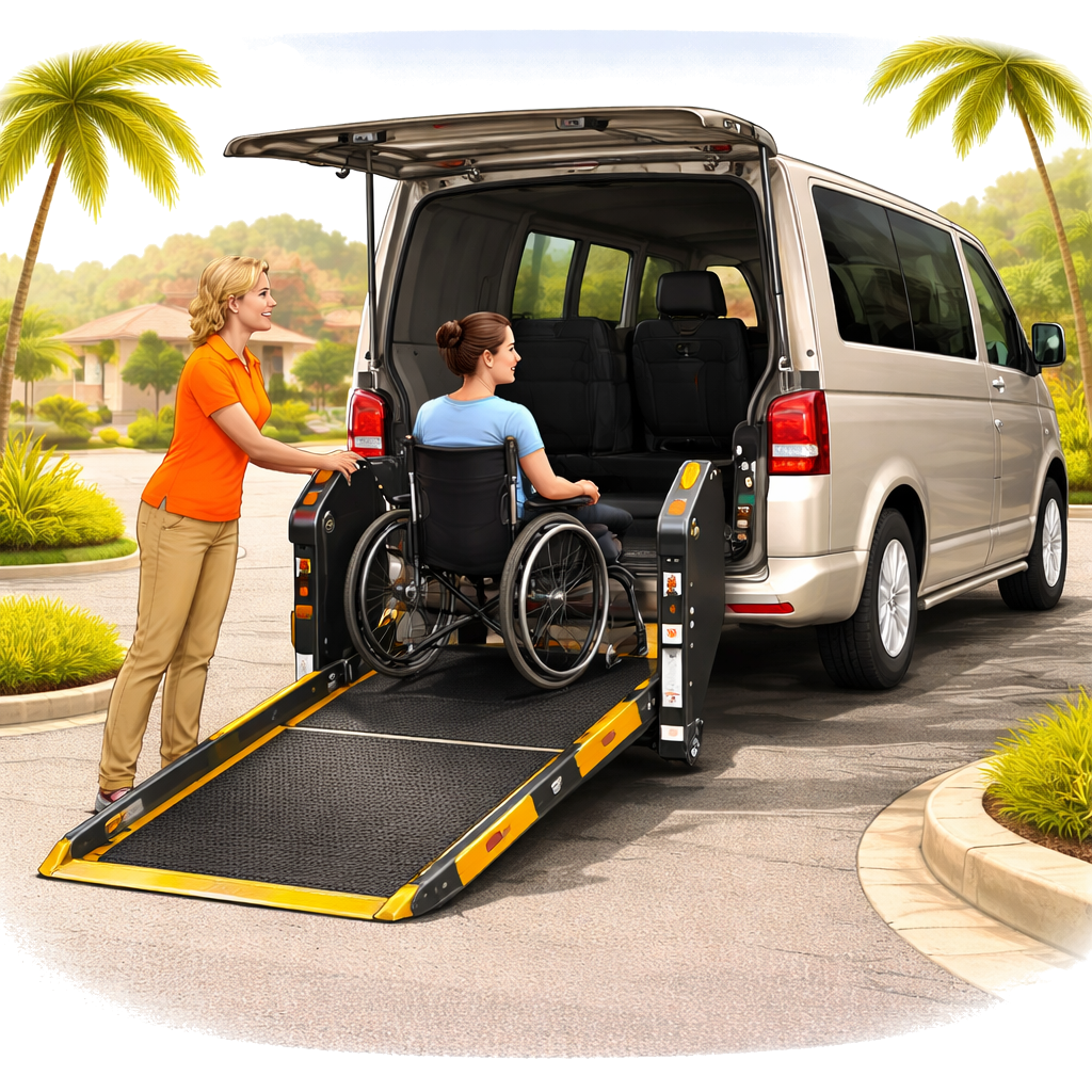 Deze afbeelding toont een aangepaste bus, ook wel bekend als een rolstoelbus, die is uitgerust met een speciaal ontworpen lift of oprit voor het veilig in- en uitladen van een rolstoel.