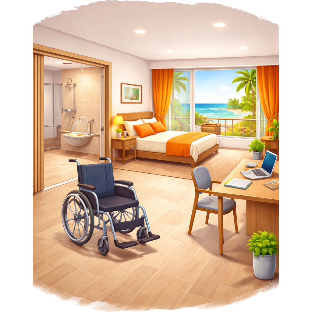 Dit is een heldere en uitnodigende illustratie van een rolstoeltoegankelijke vakantie-accommodatie