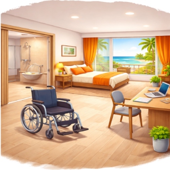 Dit is een heldere en uitnodigende illustratie van een rolstoeltoegankelijke vakantie-accommodatie