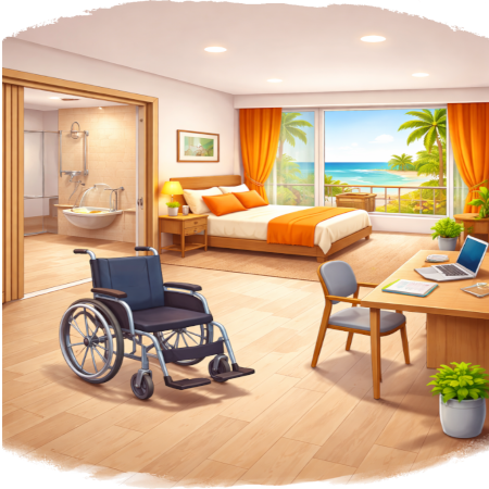 Dit is een heldere en uitnodigende illustratie van een rolstoeltoegankelijke vakantie-accommodatie