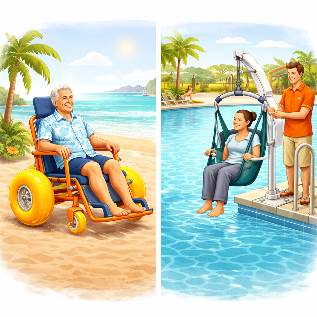 Illustratie van een man in een strandrolstoel op het zand en een vrouw die met een zwembadlift het water in gaat.