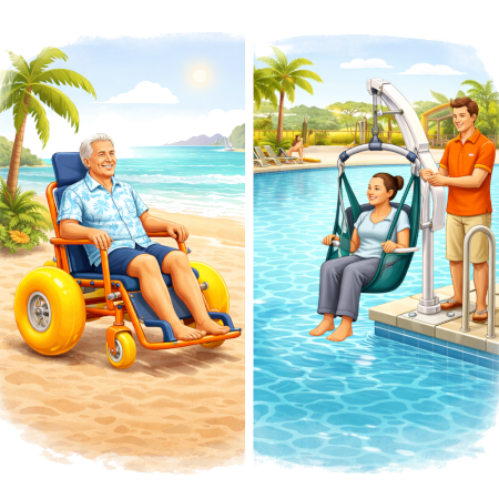 Illustratie van een man in een strandrolstoel op het zand en een vrouw die met een zwembadlift het water in gaat.